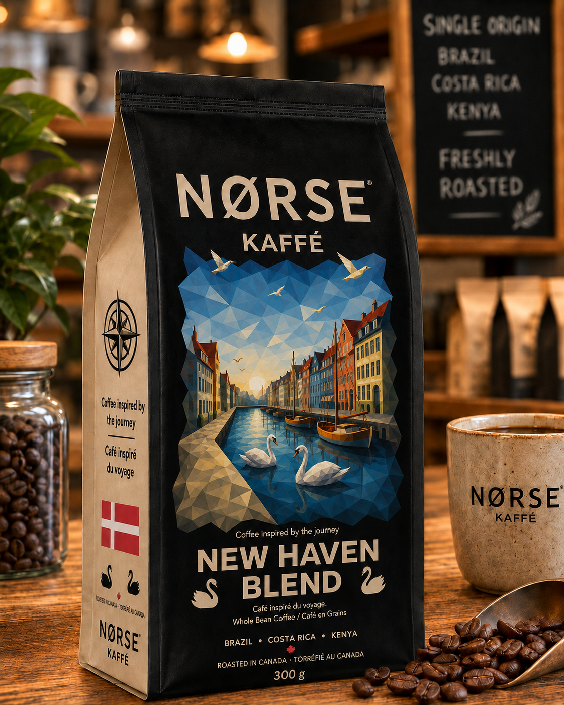 The New Haven Blend bag on a café counter, with a NORSE mug, scattered coffee beans, and a chalkboard sign in the background