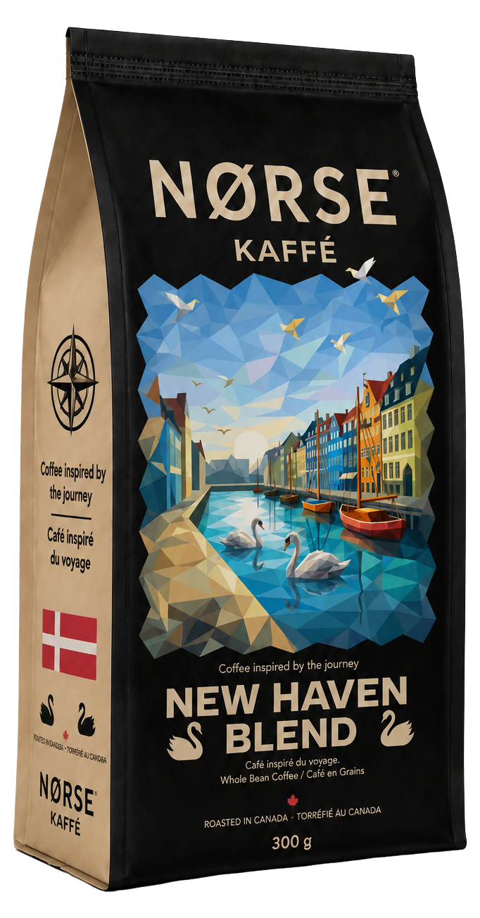 NORSE Kaffé New Haven Blend, a 300 g black and kraft coffee bag illustrated with a low-poly Nyhavn harbor scene of colorful houses, sailboats, and swans