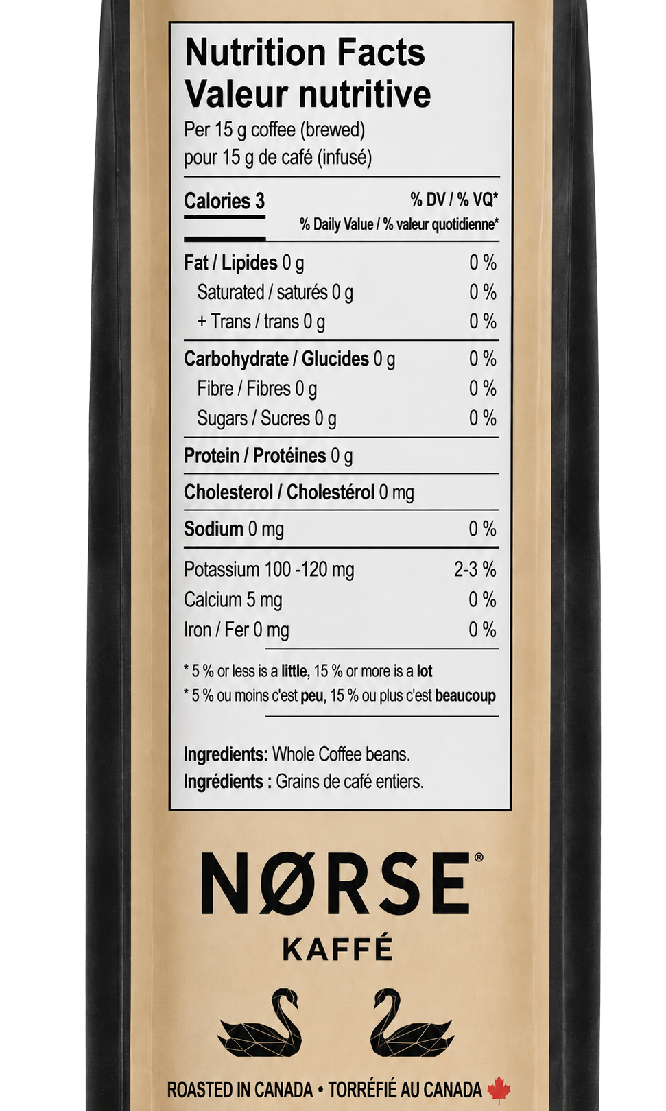 The New Haven Blend nutrition panel: Nutrition Facts per 15 g of brewed coffee — 3 calories; 0 g fat, carbohydrate and protein; 0 mg cholesterol and sodium; potassium 100–120 mg; calcium 5 mg; iron 0 mg. Ingredients: whole coffee beans. Below it the NORSE Kaffé mark.