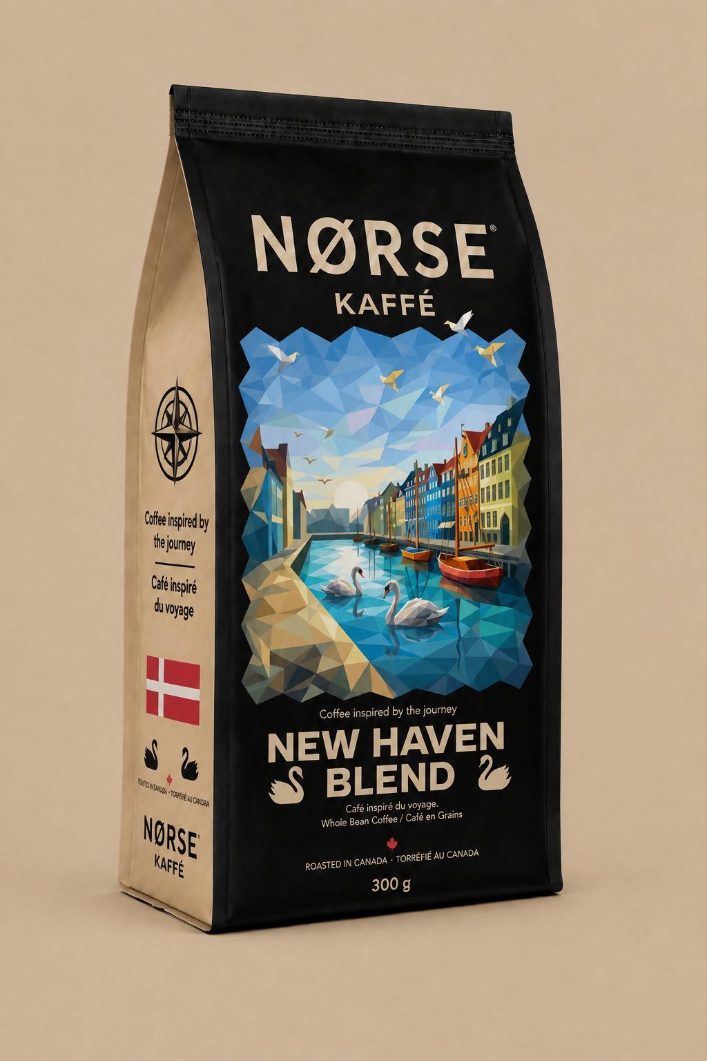 NORSE Kaffé New Haven Blend, eine 300-g-Kaffeetüte in Schwarz und Kraftpapier mit ganzen Bohnen