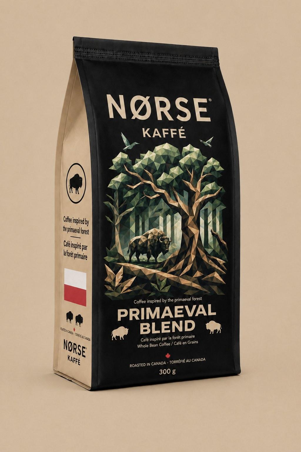 NORSE Kaffé Primaeval Blend, eine 300-g-Kaffeetüte in Schwarz und Kraftpapier mit ganzen Bohnen