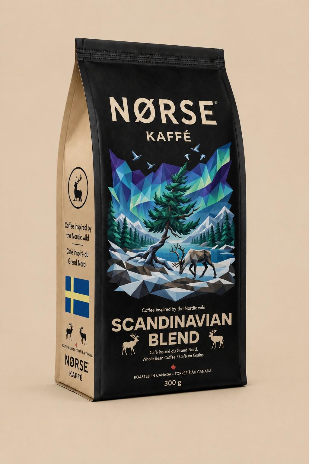 NORSE Kaffé Scandinavian Blend, eine 300-g-Kaffeetüte in Schwarz und Kraftpapier mit ganzen Bohnen