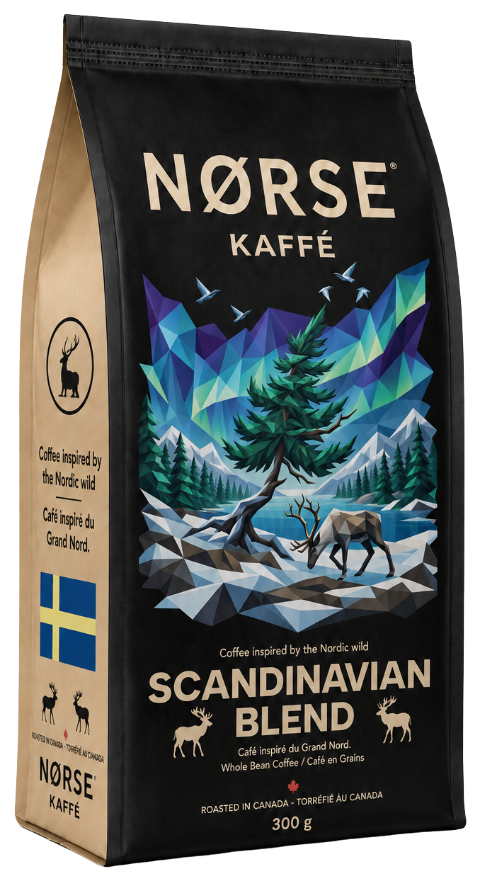 NORSE Kaffé Scandinavian Blend, a 300 g black and kraft coffee bag illustrated with a low-poly aurora borealis over a Nordic forest and a reindeer