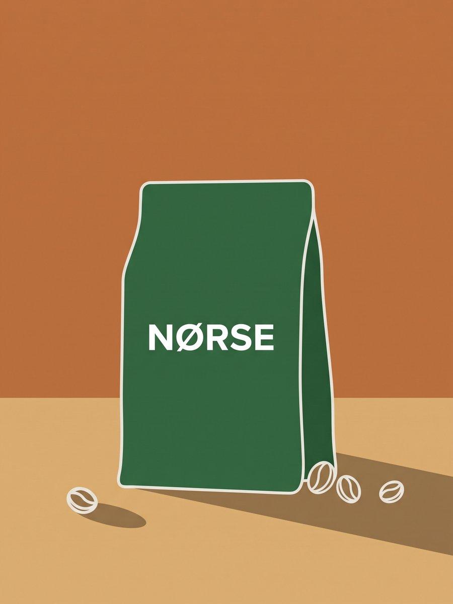 A green NORSE coffee bag with a few beans