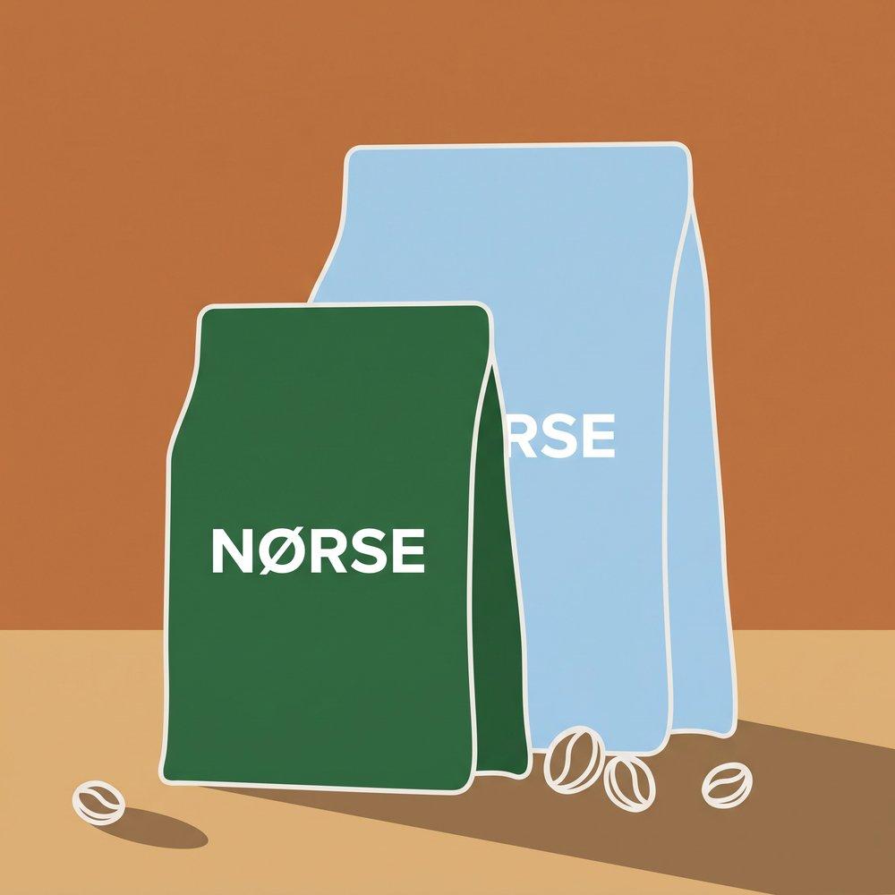 Two NORSE coffee bags with a few beans