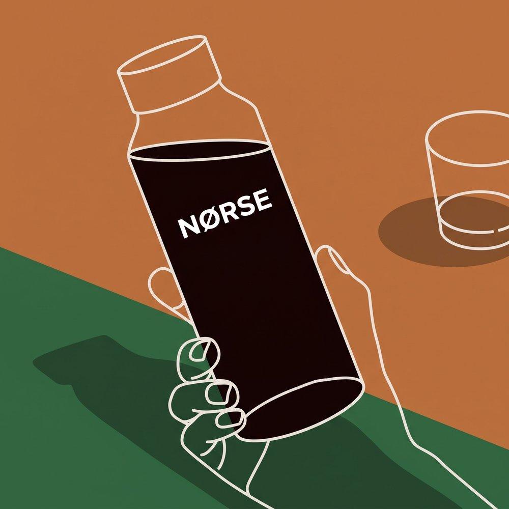 A hand holding a NORSE concentrate bottle next to a glass