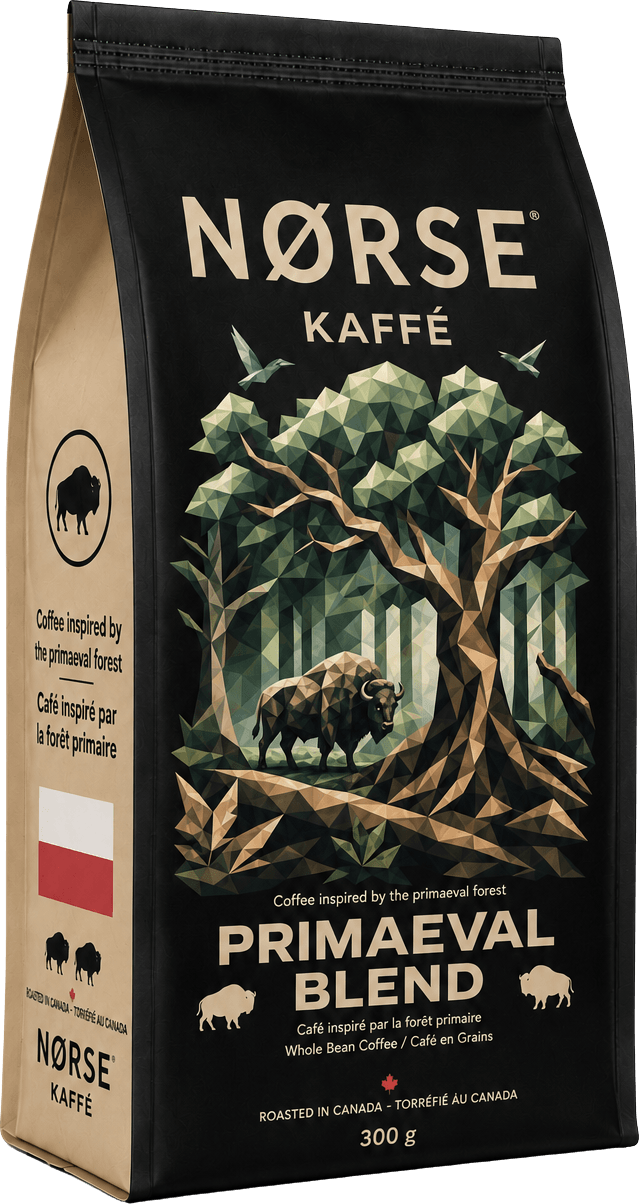 NORSE Kaffé Primaeval Blend, un sachet de 300 g noir et kraft illustré d’une forêt primaire low-poly et d’un bison