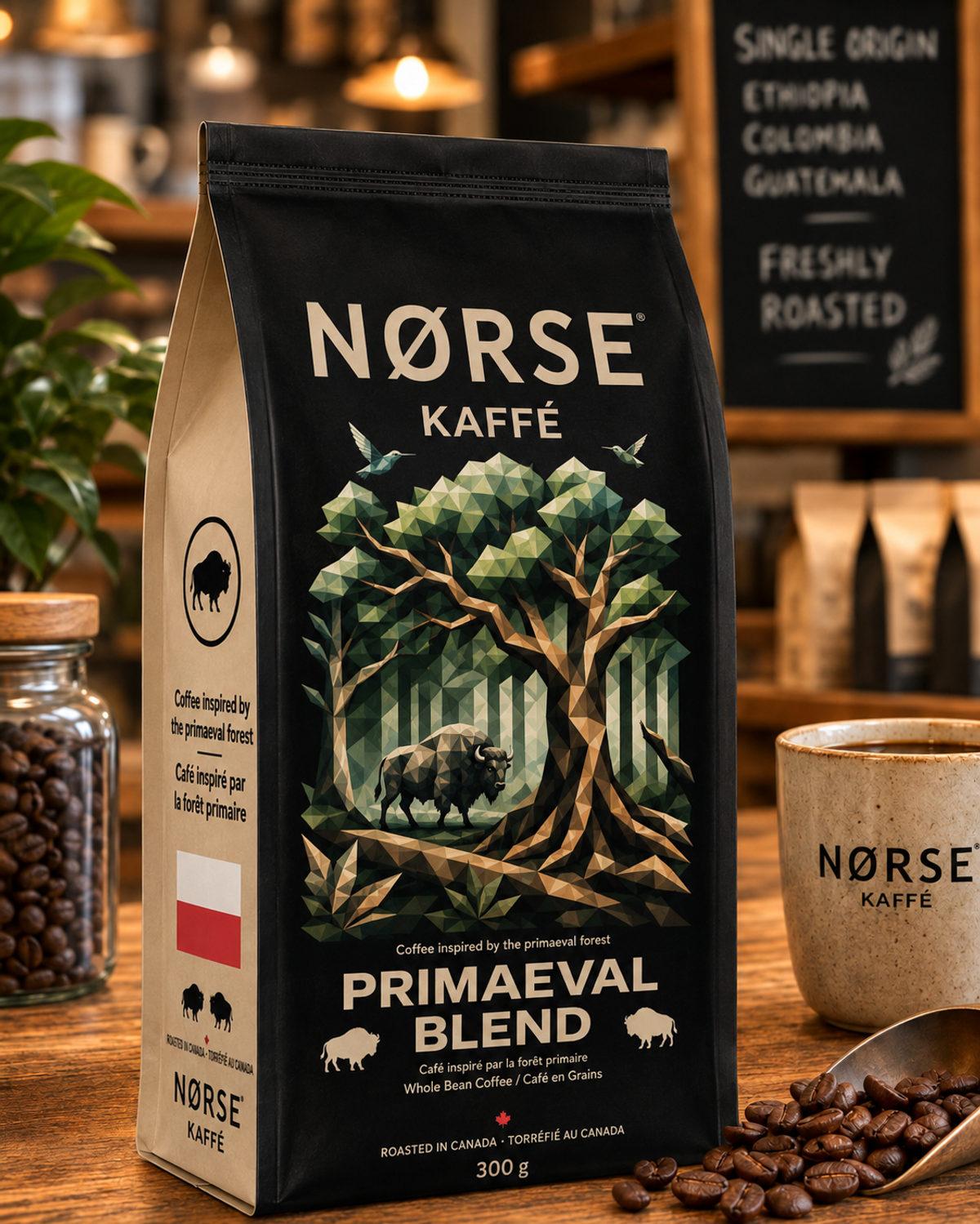 Le sachet Primaeval Blend sur un comptoir de café, à côté d’une tasse NORSE Kaffé, d’un pot de grains entiers et d’une cuillère doseuse